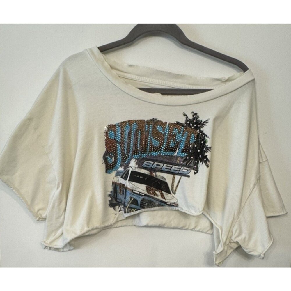 Vintage Souls LA Ivory Speedway Crop Top Large Cotton Moto Rock Streetwear Y2k - Picture 2 of 9